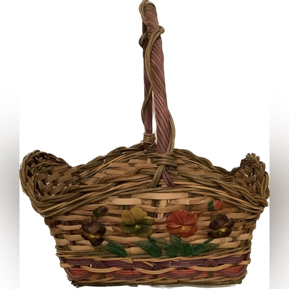 new vintage large clay pansies painted wicker basket - Picture 2 of 12